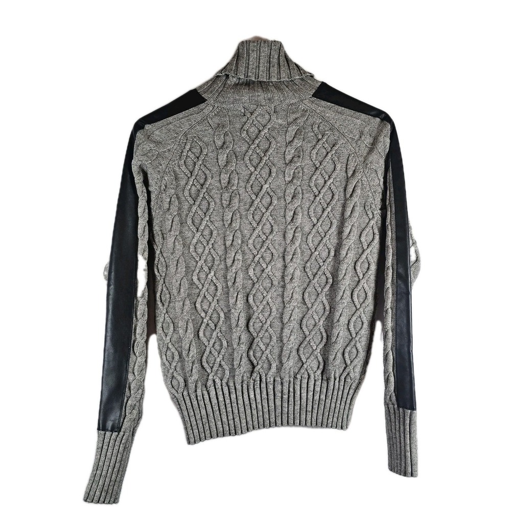 NWT Evereve Harlow‎ Pullover Cable Sweater Women's XS Gray Faux Leather Sleeve - Picture 3 of 6